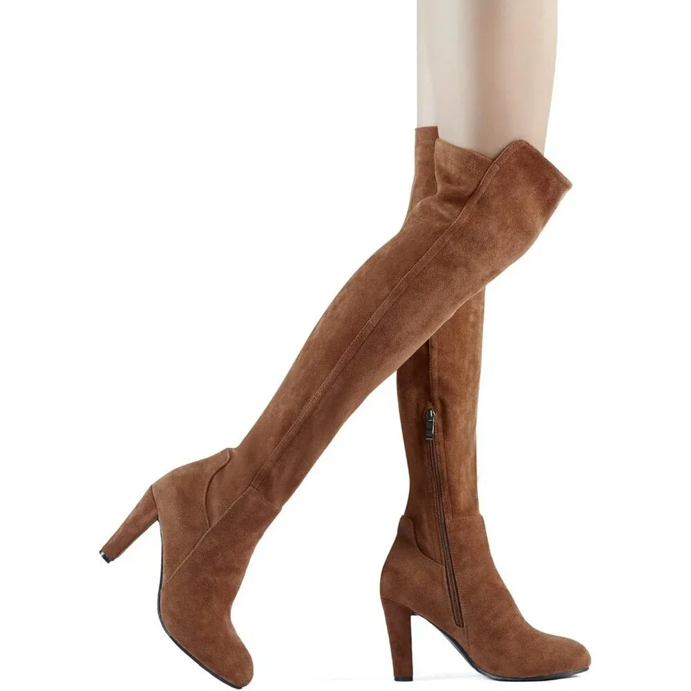 Women Dark Brown Faux Suede Chunky Heel Stretch Over The Knee Thigh High Boot